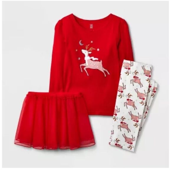 Nwt Girls' Reindeer Tutu Pajama Set - White/Red - Picture 1 of 6